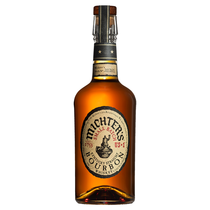 A bottle of Michter's US*1 Kentucky Straight Bourbon Whiskey, featuring a tan label with black and gold accents and a cork stopper, is displayed against a white background, highlighting this celebrated small-batch bourbon.