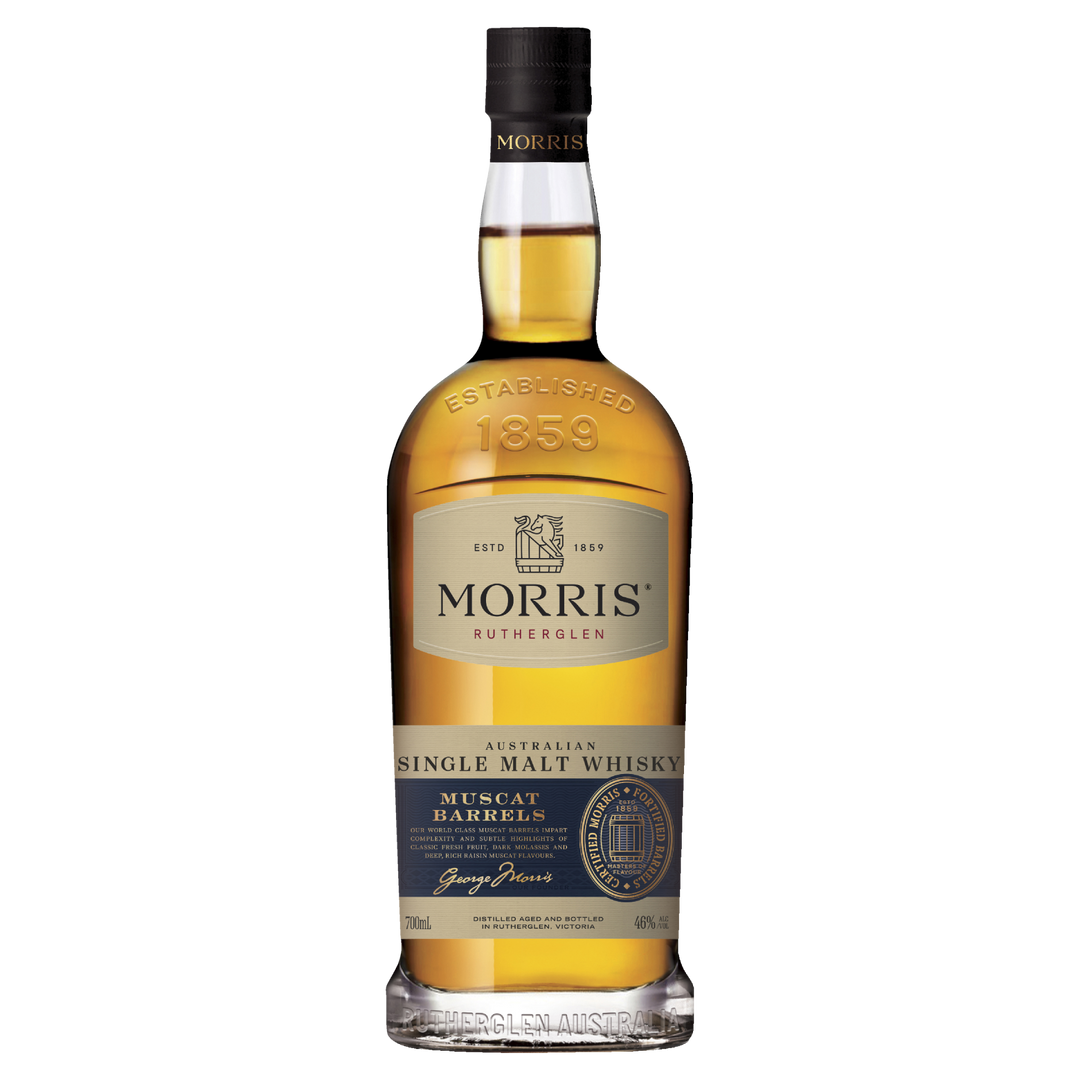 A bottle of Morris Whisky Muscat Barrel Australian Single Malt Whisky with a gold label, blue accents, and text highlighting its Australian single malt origin, Muscat barrel maturation, and alcohol content.