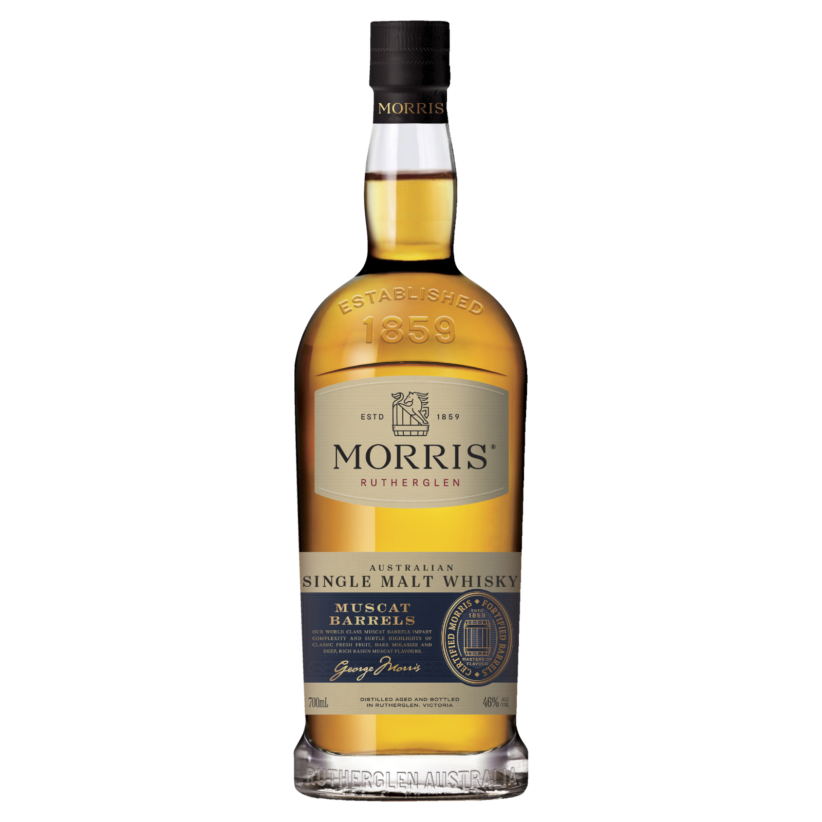 A bottle of Morris Whisky Muscat Barrel Australian Single Malt Whisky with a gold label, blue accents, and text highlighting its Australian single malt origin, Muscat barrel maturation, and alcohol content.