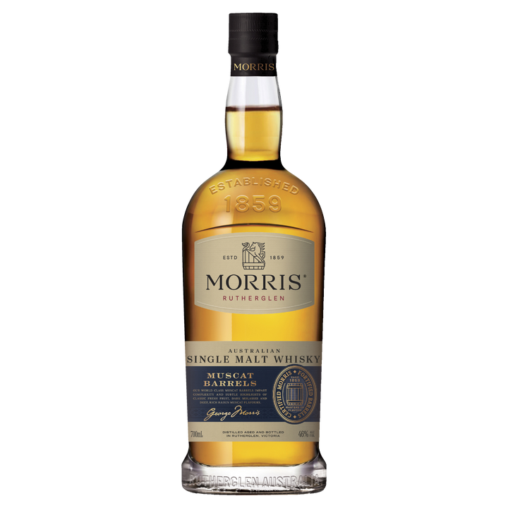 A bottle of Morris Whisky Muscat Barrel Australian Single Malt Whisky with a gold label, blue accents, and text highlighting its Australian single malt origin, Muscat barrel maturation, and alcohol content.