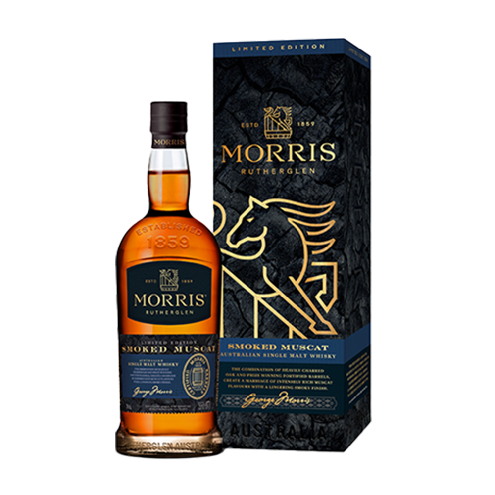 A bottle of Morris Limited Edition Smoked Muscat Australian Single Malt Whisky stands beside its matching box, which is dark with gold accents, a stylized bull illustration, and product details.