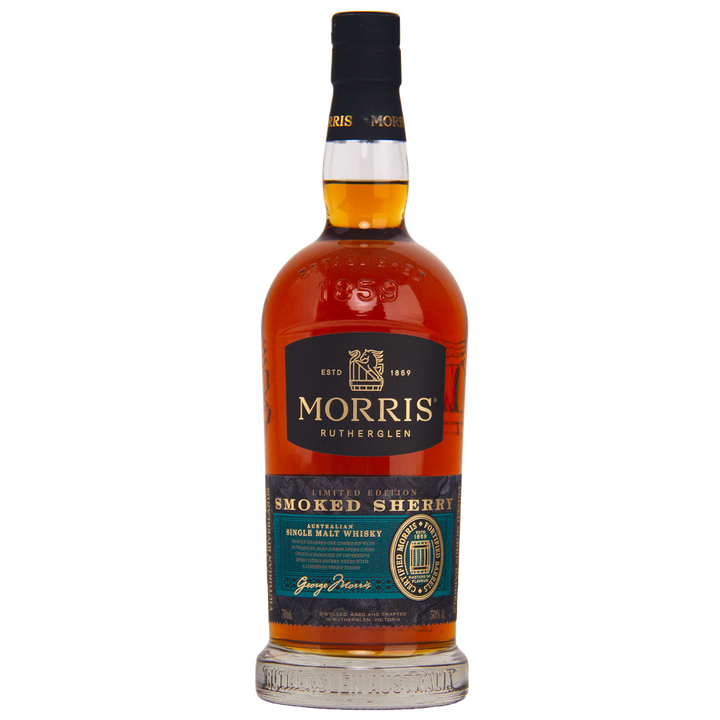 A bottle of Morris Whisky Smoked Sherry Australian Single Malt Whisky with a dark cap and amber liquid, showcasing a gold and teal detailed label against a plain white background.