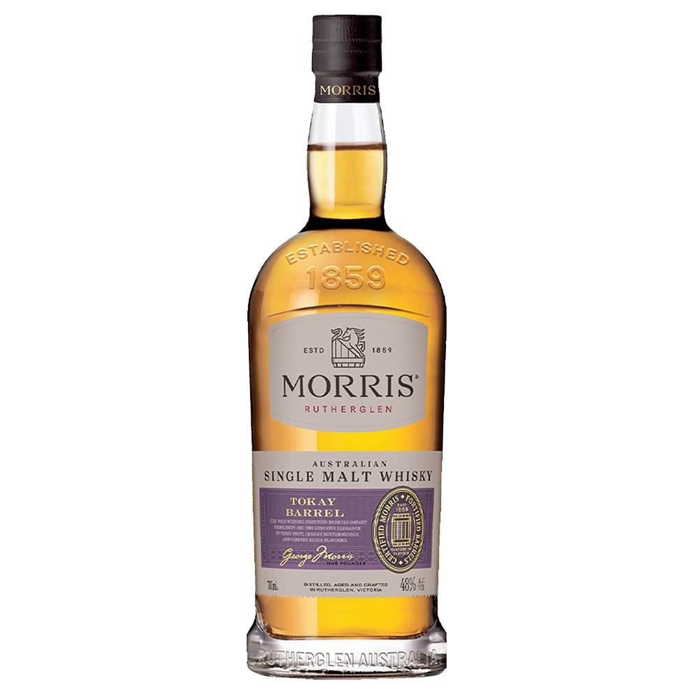 A bottle of Morris Tokay Barrel Australian Single Malt Whisky features a purple and gold label with the brand name and 46% ABV, showcasing a rich gold liquid inside.
