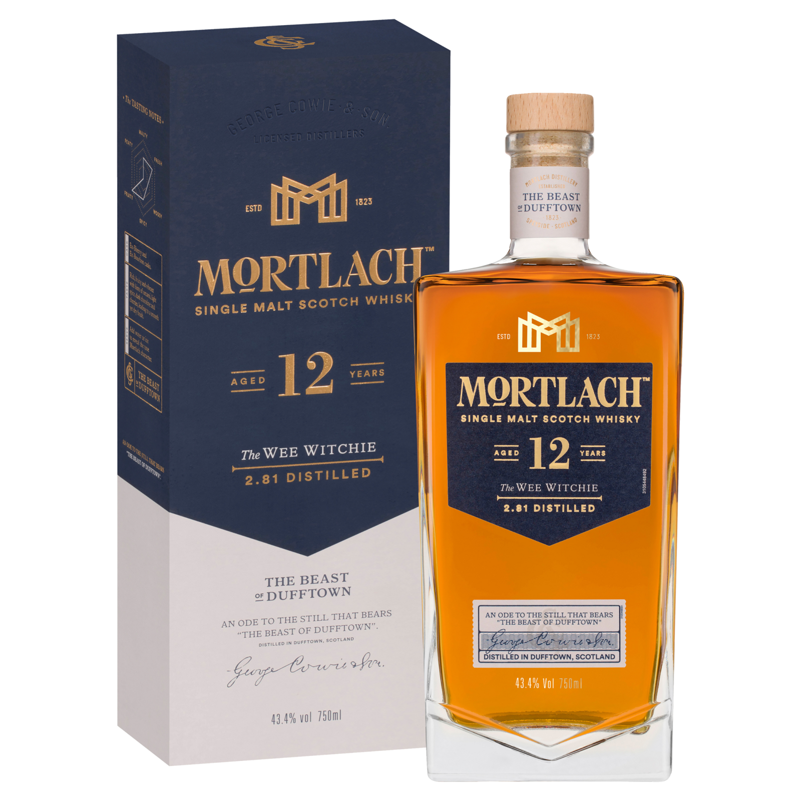 A bottle of Mortlach 12 Year Old Single Malt Scotch Whisky stands before its blue and cream box. The label features The Wee Witchie and 2.81 Distilled, expressing the Speyside spirit in a rich amber hue.