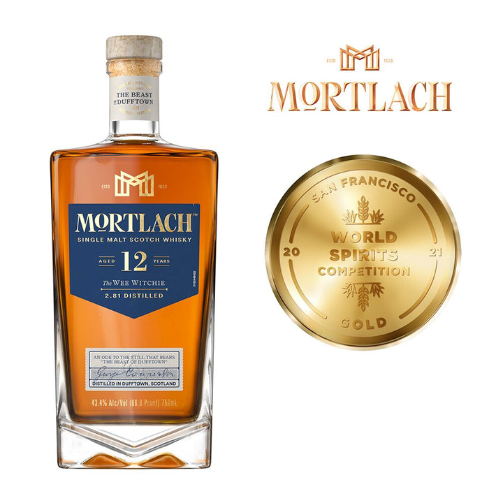 A bottle of Mortlach 12 Year Old Single Malt Scotch Whisky stands next to a San Francisco World Spirits Competition 2021 Gold medal, with the Mortlach logo above.