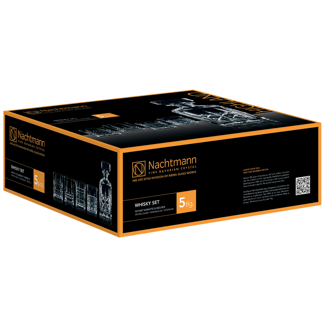 A black and orange box labeled “Nachtmann Highland Decanter Set” contains 5 crystal pieces, including a whisky decanter and glasses, with images of the set on the packaging.