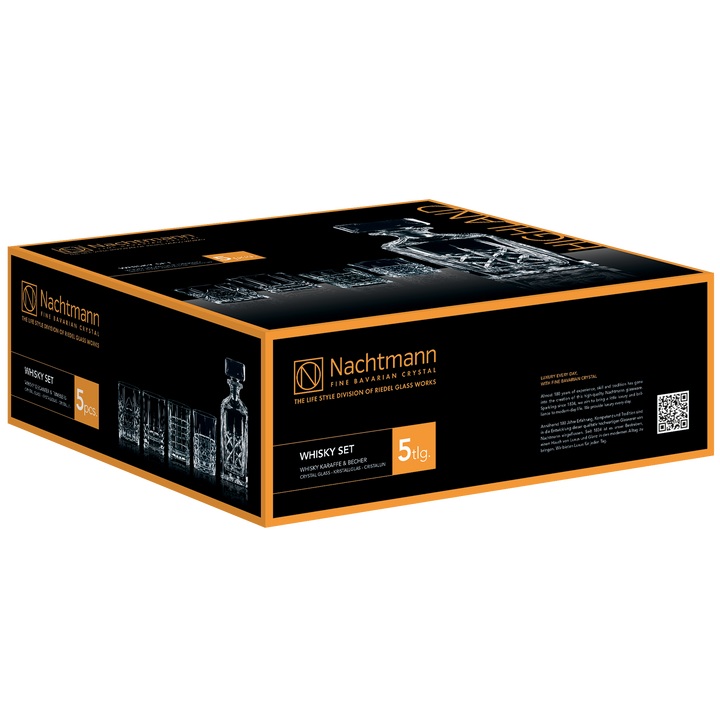A black and orange box labeled “Nachtmann Highland Decanter Set” contains 5 crystal pieces, including a whisky decanter and glasses, with images of the set on the packaging.