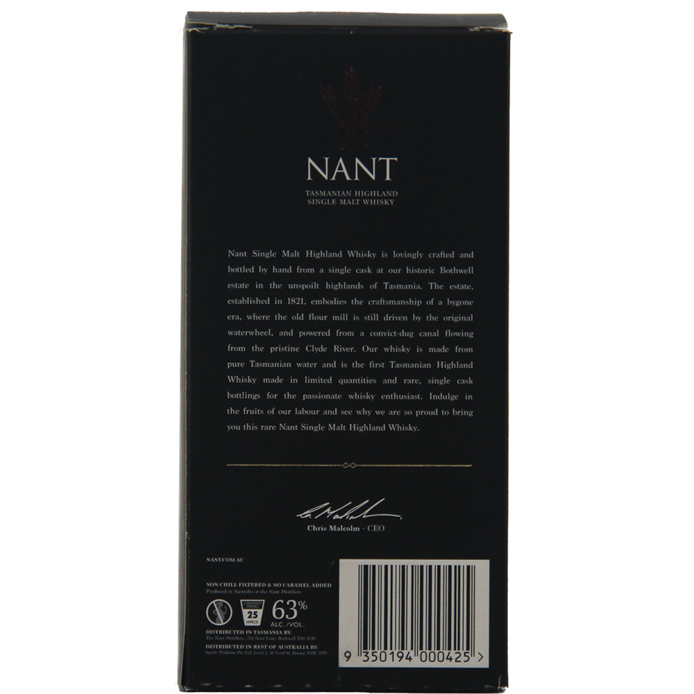 The back of the Nant American Oak Sherry Wood Single Malt Whisky box showcases this limited release, with a descriptive paragraph, CEO’s signature, barcode, and product details such as alcohol content and age.