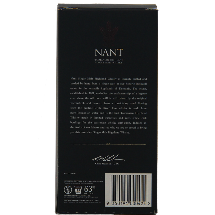 The back of the Nant American Oak Sherry Wood Single Malt Whisky box showcases this limited release, with a descriptive paragraph, CEO’s signature, barcode, and product details such as alcohol content and age.