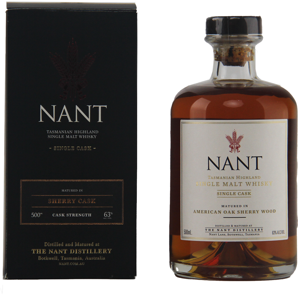 A bottle of Nant American Oak Sherry Wood Single Malt Whisky stands beside its black box, labeled “Matured in Sherry Cask,” with gold and white text, emphasizing this limited release and its distillery origin.