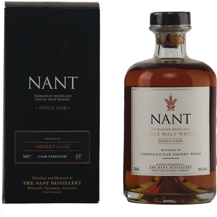 A bottle of Nant American Oak Sherry Wood Single Malt Whisky stands beside its black box, labeled “Matured in Sherry Cask,” with gold and white text, emphasizing this limited release and its distillery origin.
