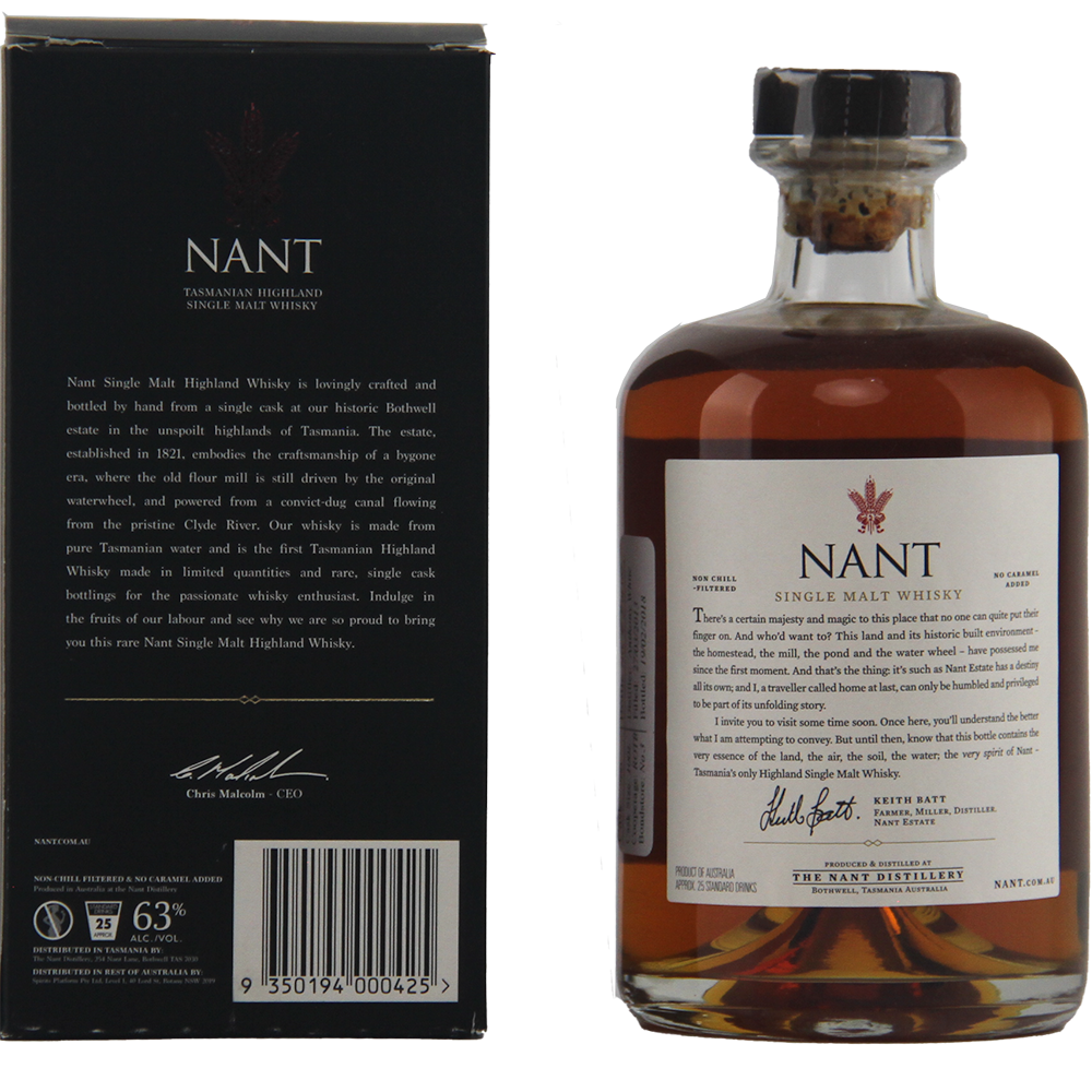A box and bottle of Nant American Oak Sherry Wood Single Malt Whisky, a limited release cask strength whisky with amber liquid and elegant black, white, and gold branding on its labels and packaging.