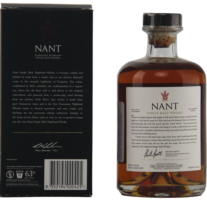 A box and bottle of Nant American Oak Sherry Wood Single Malt Whisky, a limited release cask strength whisky with amber liquid and elegant black, white, and gold branding on its labels and packaging.
