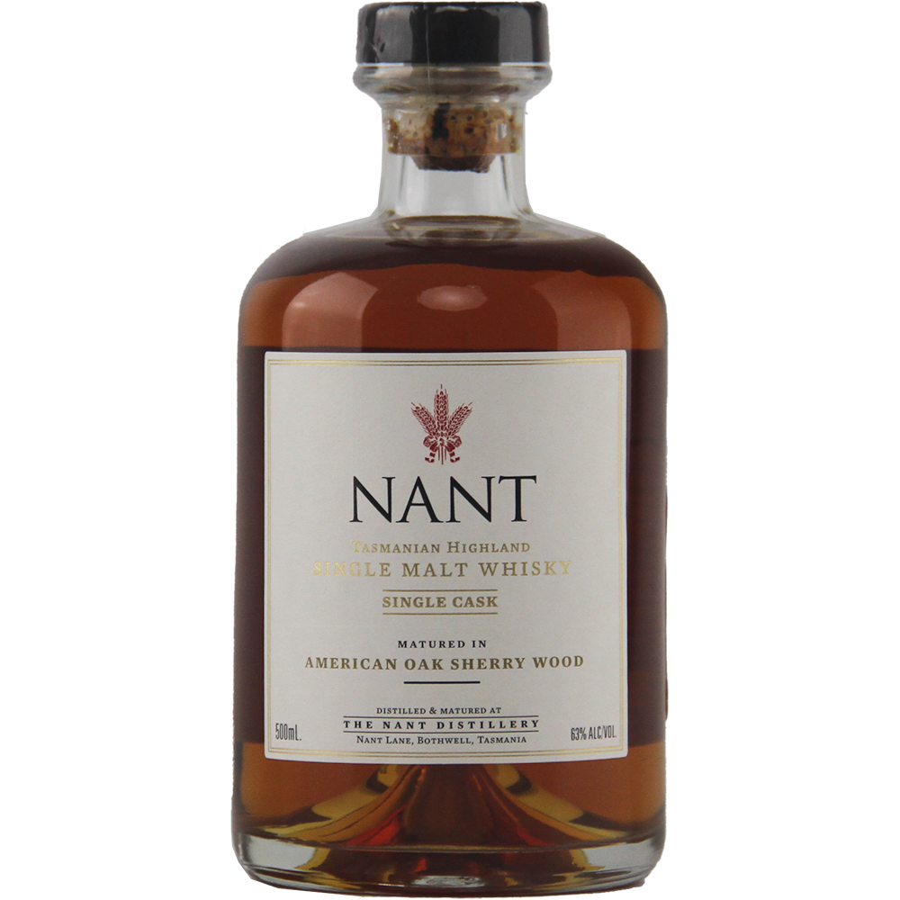 A 500ml bottle of Nant American Oak Sherry Wood Single Malt Whisky, 43% ABV, matured in American oak sherry wood and crafted by The Nant Distillery in Tasmania—a limited release for whisky enthusiasts.