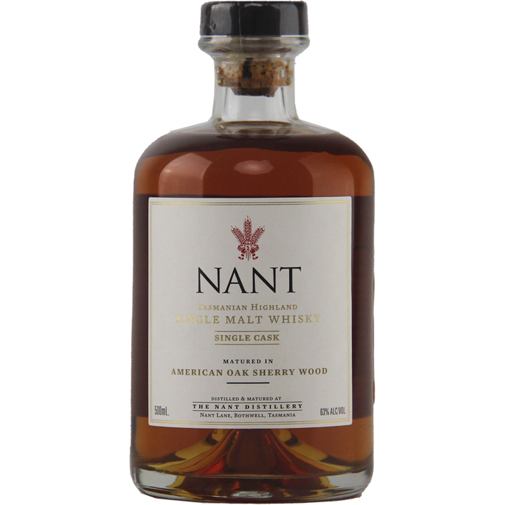 A 500ml bottle of Nant American Oak Sherry Wood Single Malt Whisky, 43% ABV, matured in American oak sherry wood and crafted by The Nant Distillery in Tasmania—a limited release for whisky enthusiasts.