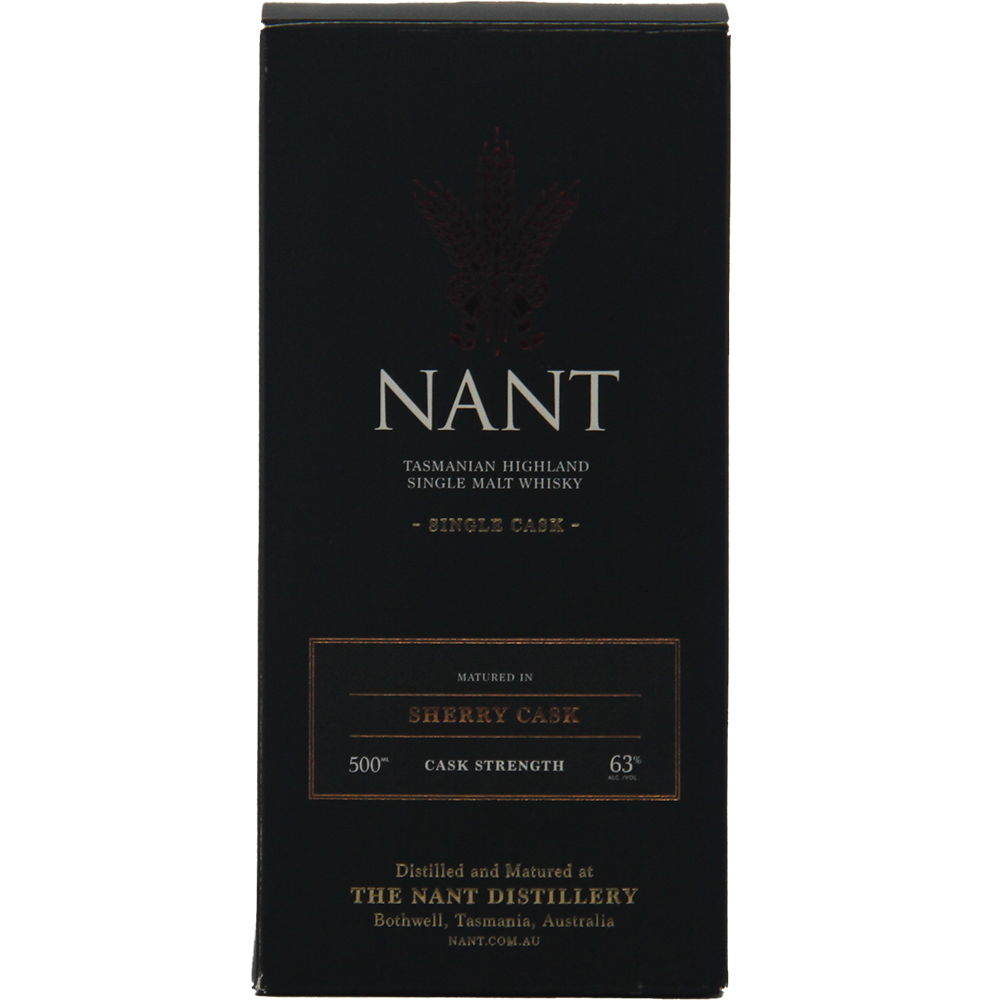 Black rectangular box for Nant American Oak Sherry Wood Single Malt Whisky with gold and white text highlighting this limited release cask strength, single cask whisky, 500mL, 63%, from The Nant Distillery, Tasmania, Australia.