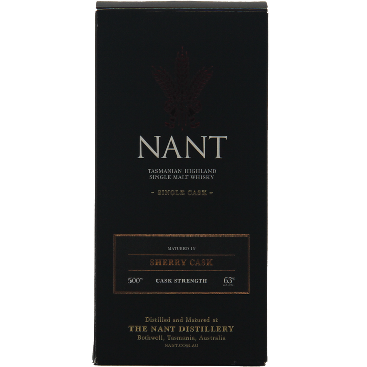 Black rectangular box for Nant American Oak Sherry Wood Single Malt Whisky with gold and white text highlighting this limited release cask strength, single cask whisky, 500mL, 63%, from The Nant Distillery, Tasmania, Australia.