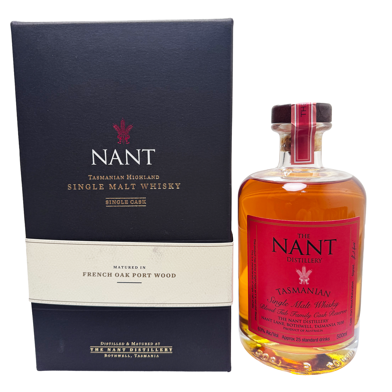 A bottle of Nant Tasmanian single malt whisky next to its dark navy blue presentation box, photographed on a clean white background.