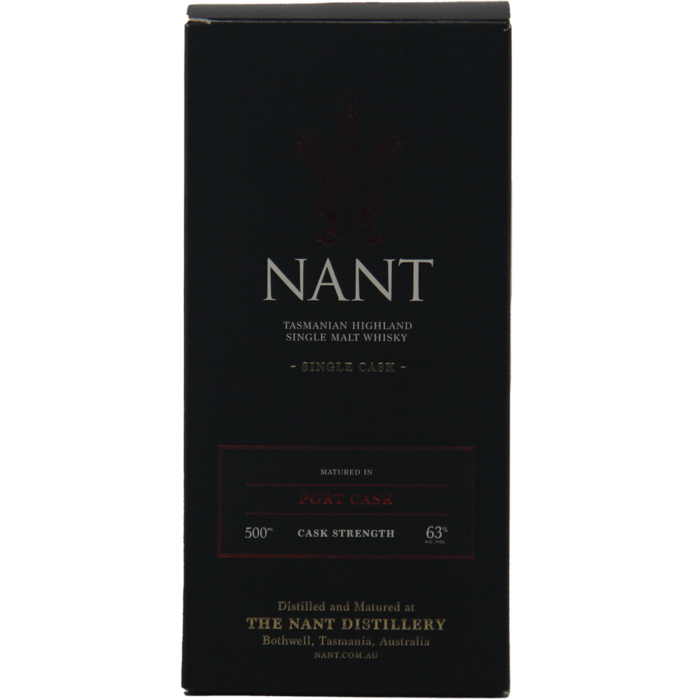 Black box of Nant Port Cask Strength Single Malt Whisky, featuring gold and white text with “Nant Port Cask,” “500 ml,” “Cask Strength 63%,” and distillery details.