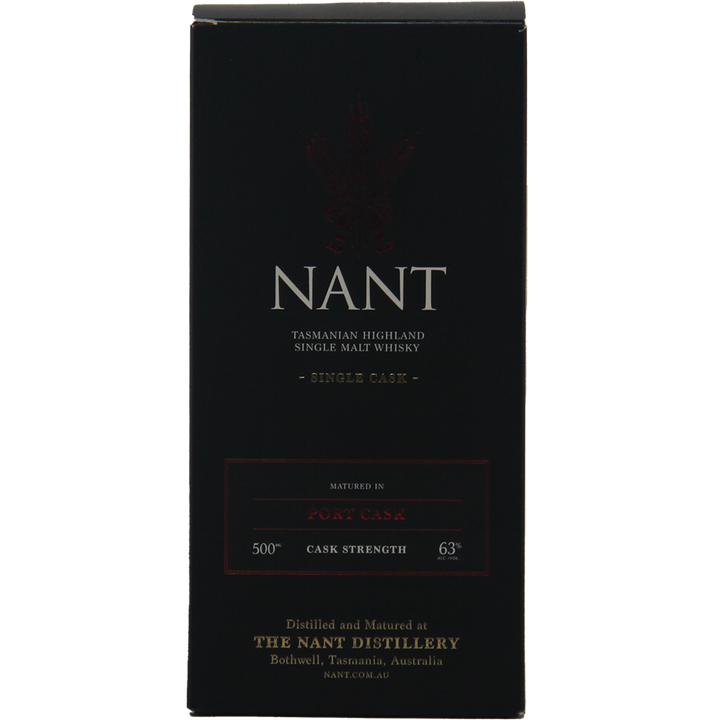 Black box of Nant Port Cask Strength Single Malt Whisky, featuring gold and white text with “Nant Port Cask,” “500 ml,” “Cask Strength 63%,” and distillery details.