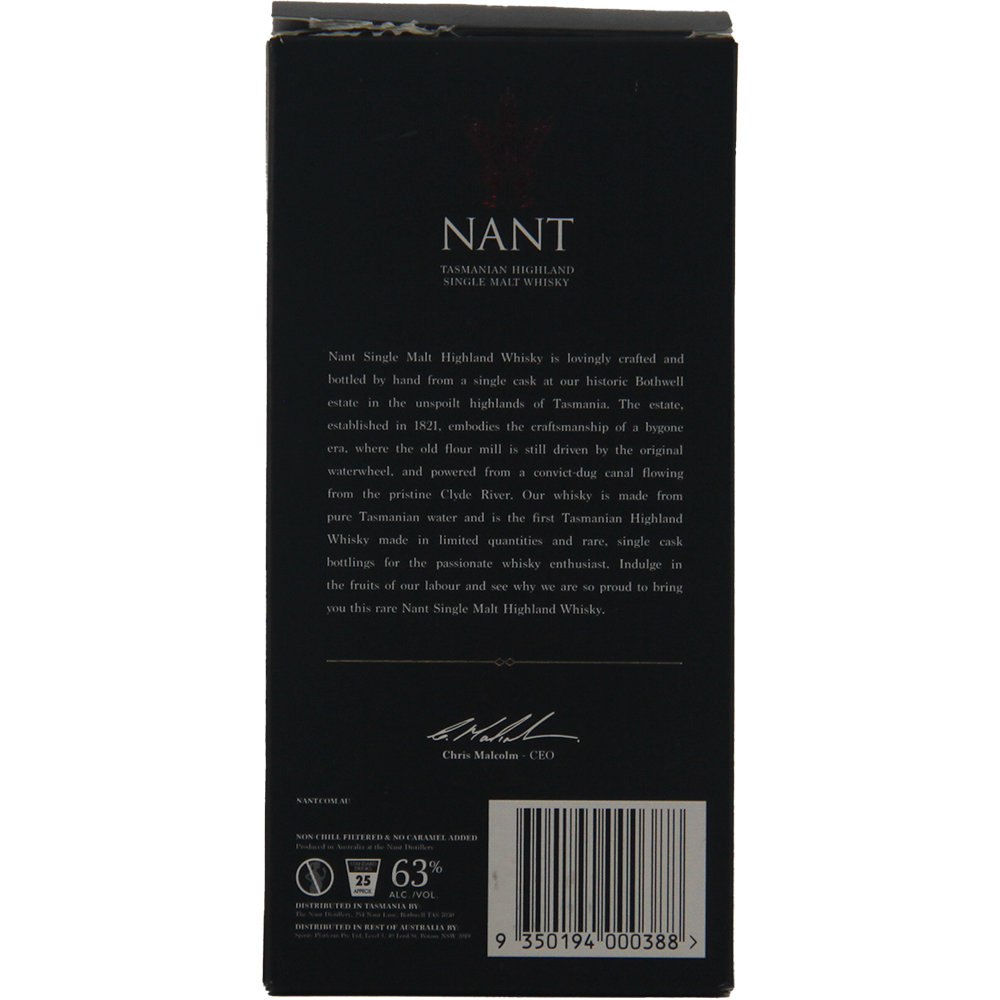 Back of a Nant Port Cask Strength Single Malt Whisky box, showing a detailed description, barcode, signature, and whisky info such as 25 years aged and 63% ABV—celebrating the finest in Tasmanian single malt whisky.