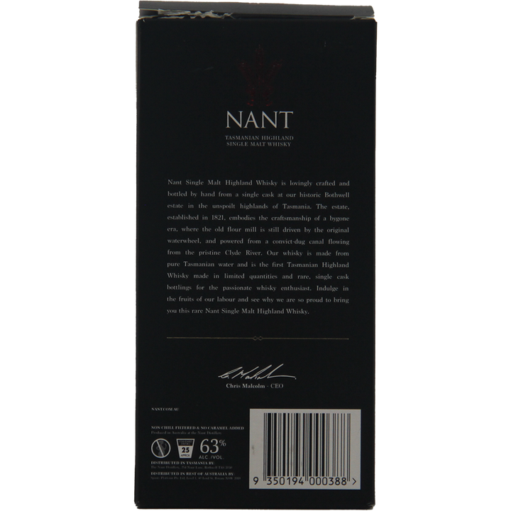 Back of a Nant Port Cask Strength Single Malt Whisky box, showing a detailed description, barcode, signature, and whisky info such as 25 years aged and 63% ABV—celebrating the finest in Tasmanian single malt whisky.