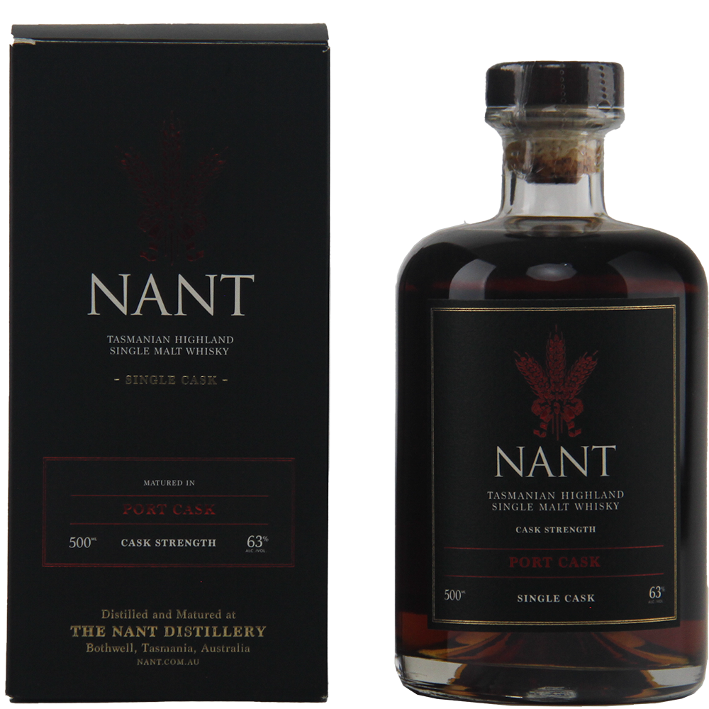 A bottle of Nant Port Cask Strength Single Malt Whisky stands beside its black box, both featuring gold and red text with details: cask strength, Port Cask, 500ml, and a bold 63% ABV.