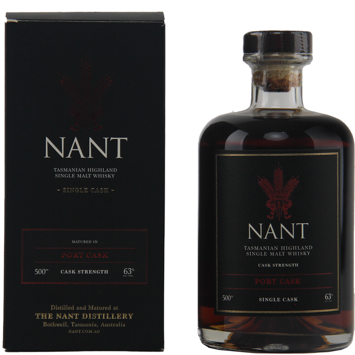 A bottle of Nant Port Cask Strength Single Malt Whisky stands beside its black box, both featuring gold and red text with details: cask strength, Port Cask, 500ml, and a bold 63% ABV.