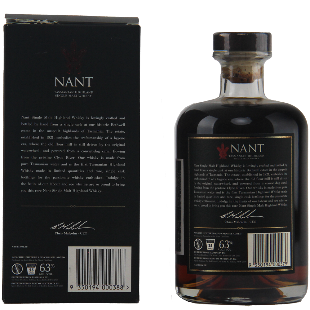 A dark glass bottle of Nant Port Cask Strength Single Malt Whisky with a cork top and gold label stands next to its box, featuring detailed product info in white text. This single malt offers a rich, authentic cask strength character.