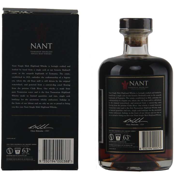 A dark glass bottle of Nant Port Cask Strength Single Malt Whisky with a cork top and gold label stands next to its box, featuring detailed product info in white text. This single malt offers a rich, authentic cask strength character.