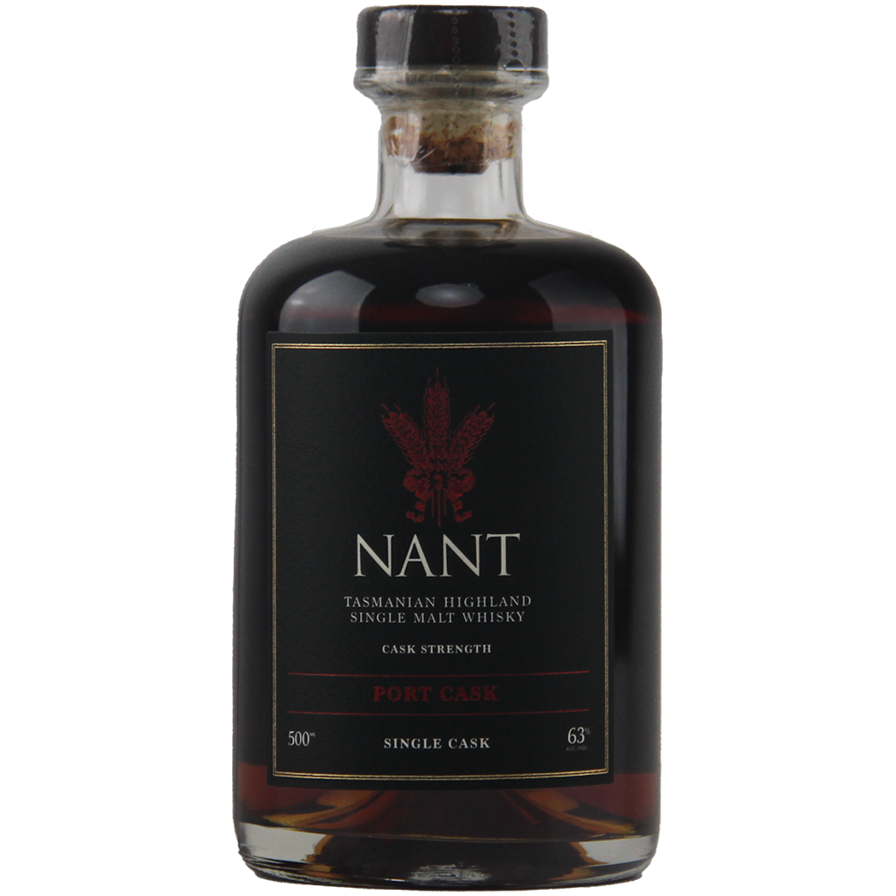A dark glass bottle of Nant Port Cask Strength Single Malt Whisky, featuring gold and red lettering on a black label and sealed with a clear stopper—an exceptional Tasmanian whisky matured to cask strength.