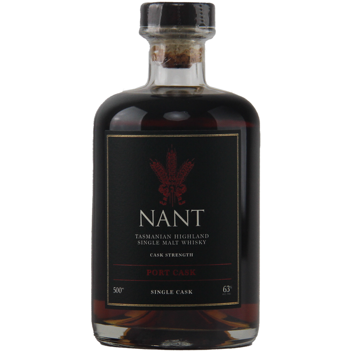 A dark glass bottle of Nant Port Cask Strength Single Malt Whisky, featuring gold and red lettering on a black label and sealed with a clear stopper—an exceptional Tasmanian whisky matured to cask strength.