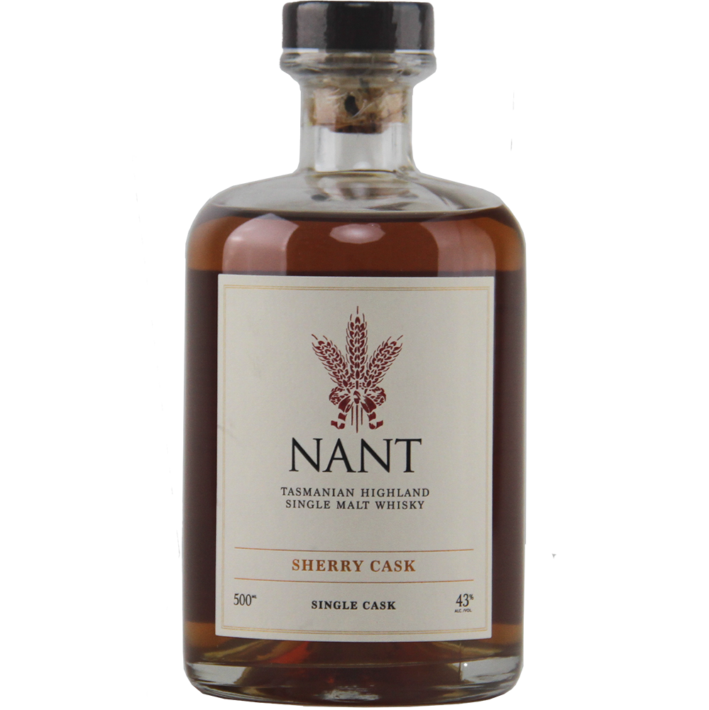 Bottle of Nant Tasmanian Highland Single Malt Whisky with a label on a white background