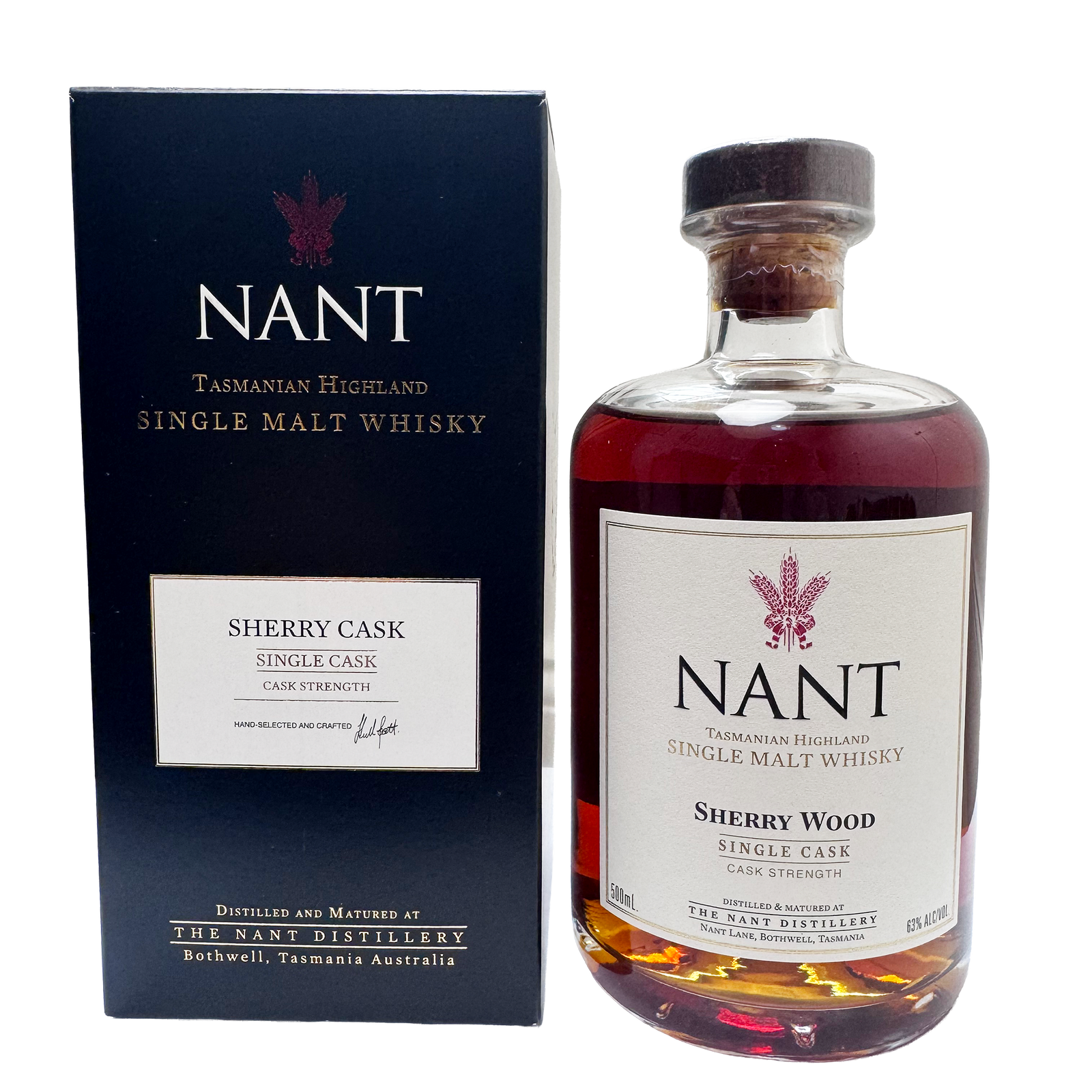 A bottle of Nant Tasmanian Highland Single Malt Whisky Sherry Cask next to its dark navy blue packaging box, on a clean white background.
