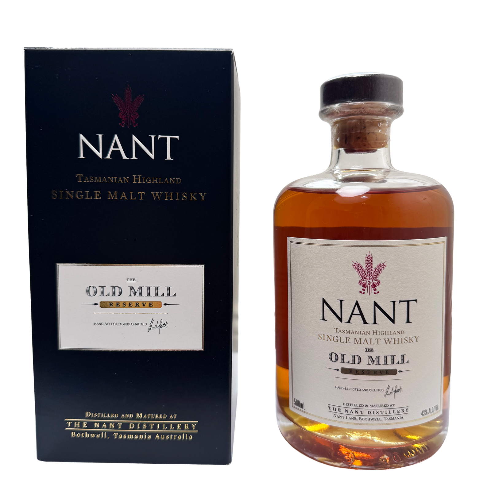 A bottle of Nant Old Mill Reserve single malt whisky next to its dark navy blue box packaging, displayed on a clean white background.