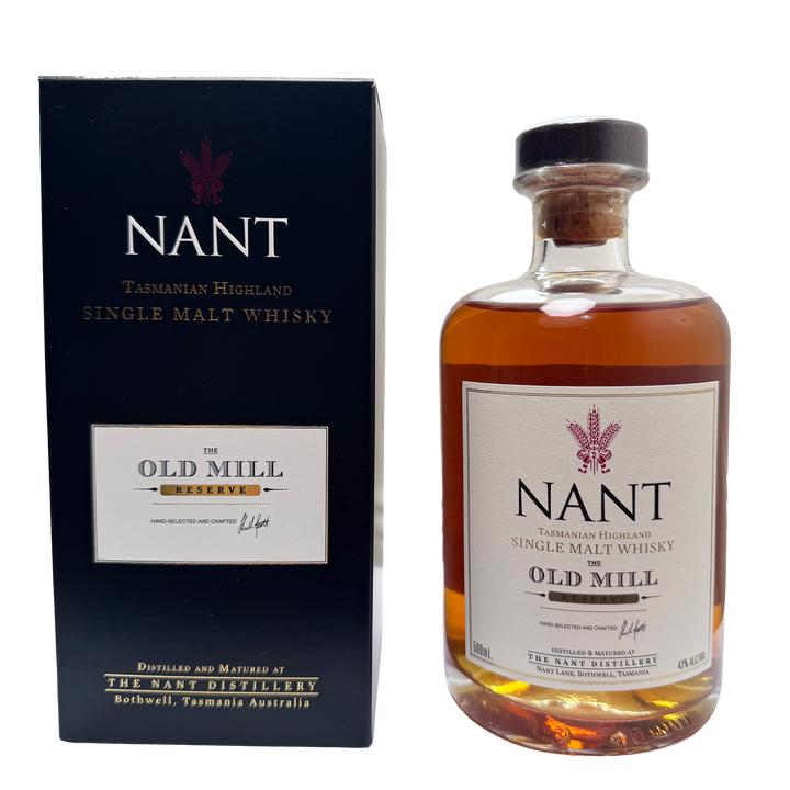 A bottle of Nant Old Mill Reserve single malt whisky next to its dark navy blue box packaging, displayed on a clean white background.