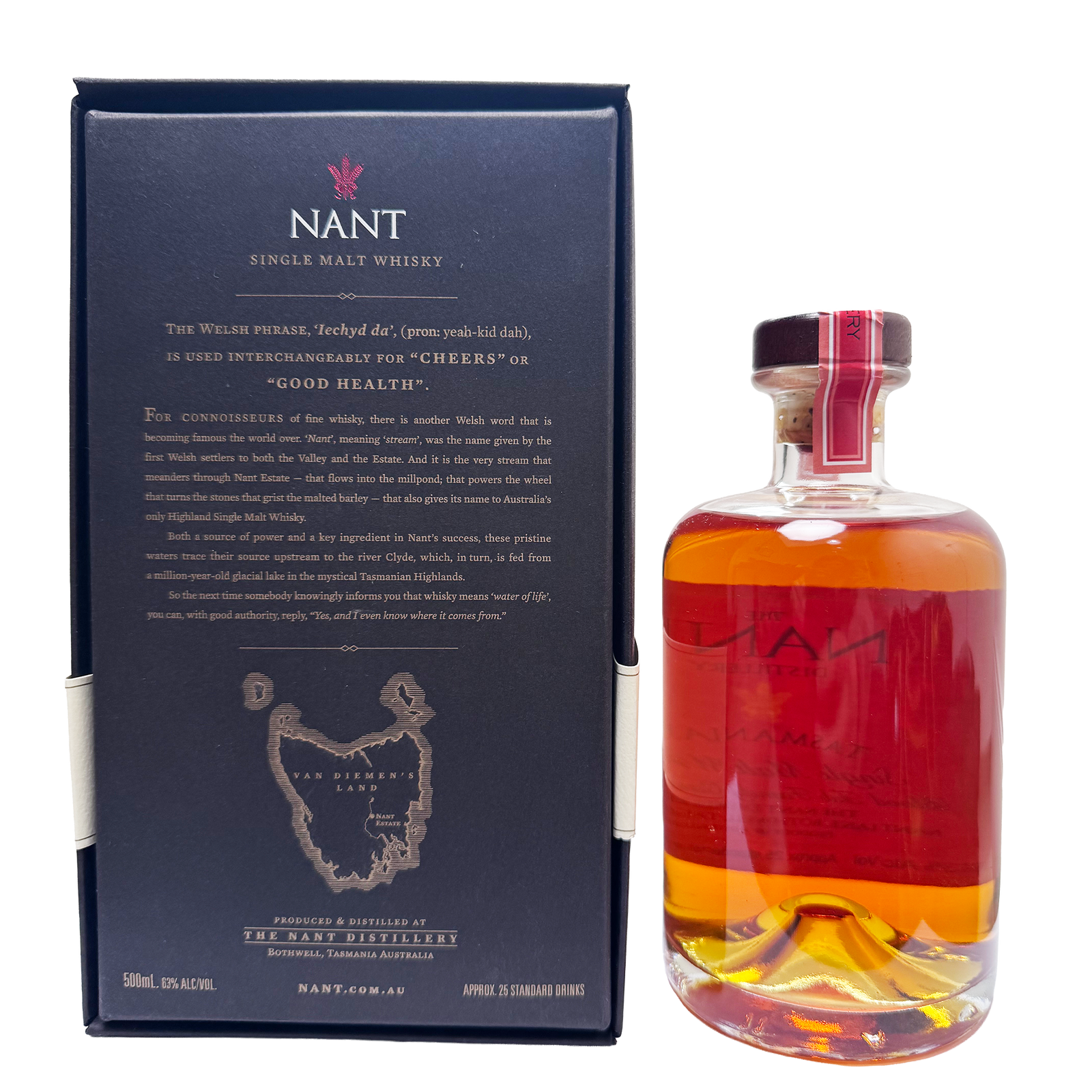 Nant Single Malt Whisky bottle with amber liquid next to its dark navy blue packaging box, featuring the Nant logo and product information.