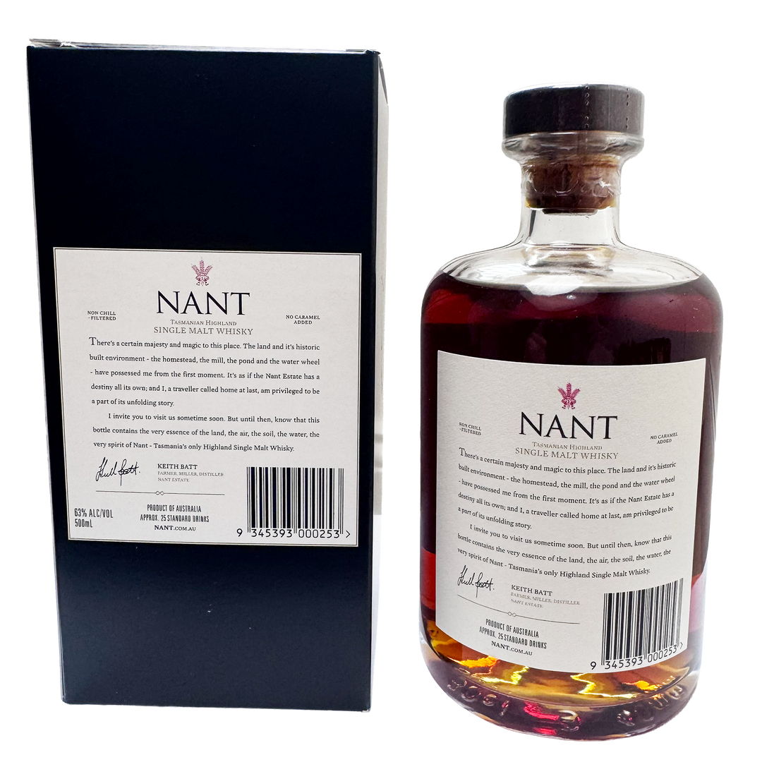 A bottle of Nant Single Malt Whisky with its black presentation box, showing the back of both the bottle label and the box packaging against a white background.