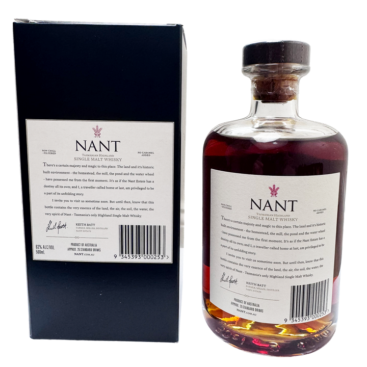 A bottle of Nant Single Malt Whisky with its black presentation box, showing the back of both the bottle label and the box packaging against a white background.