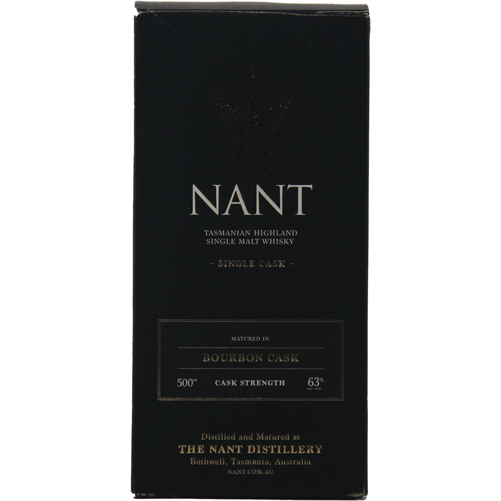 A black box of Nant Bourbon Cask Cask Strength Single Malt Whisky, 63% ABV, single cask matured in a 500L bourbon cask at The Nant Distillery, Tasmania, Australia.