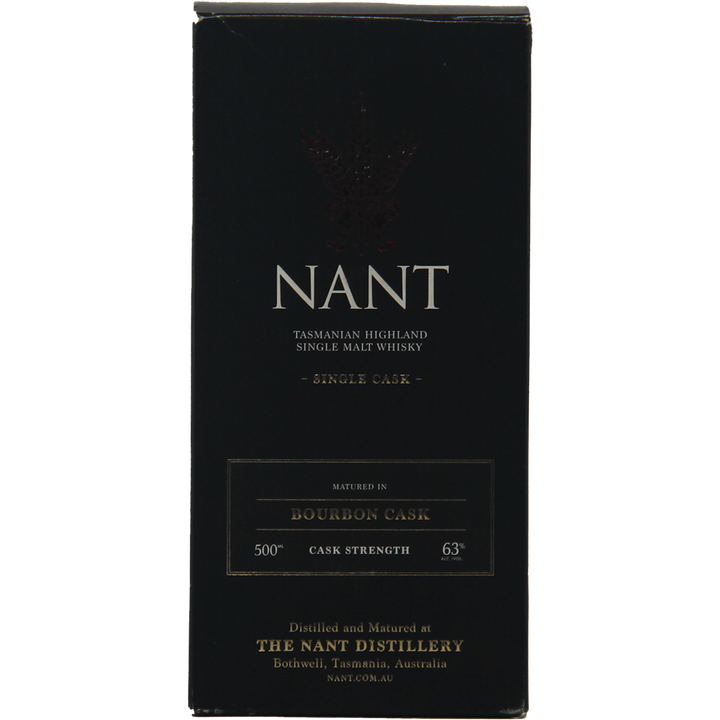 A black box of Nant Bourbon Cask Cask Strength Single Malt Whisky, 63% ABV, single cask matured in a 500L bourbon cask at The Nant Distillery, Tasmania, Australia.