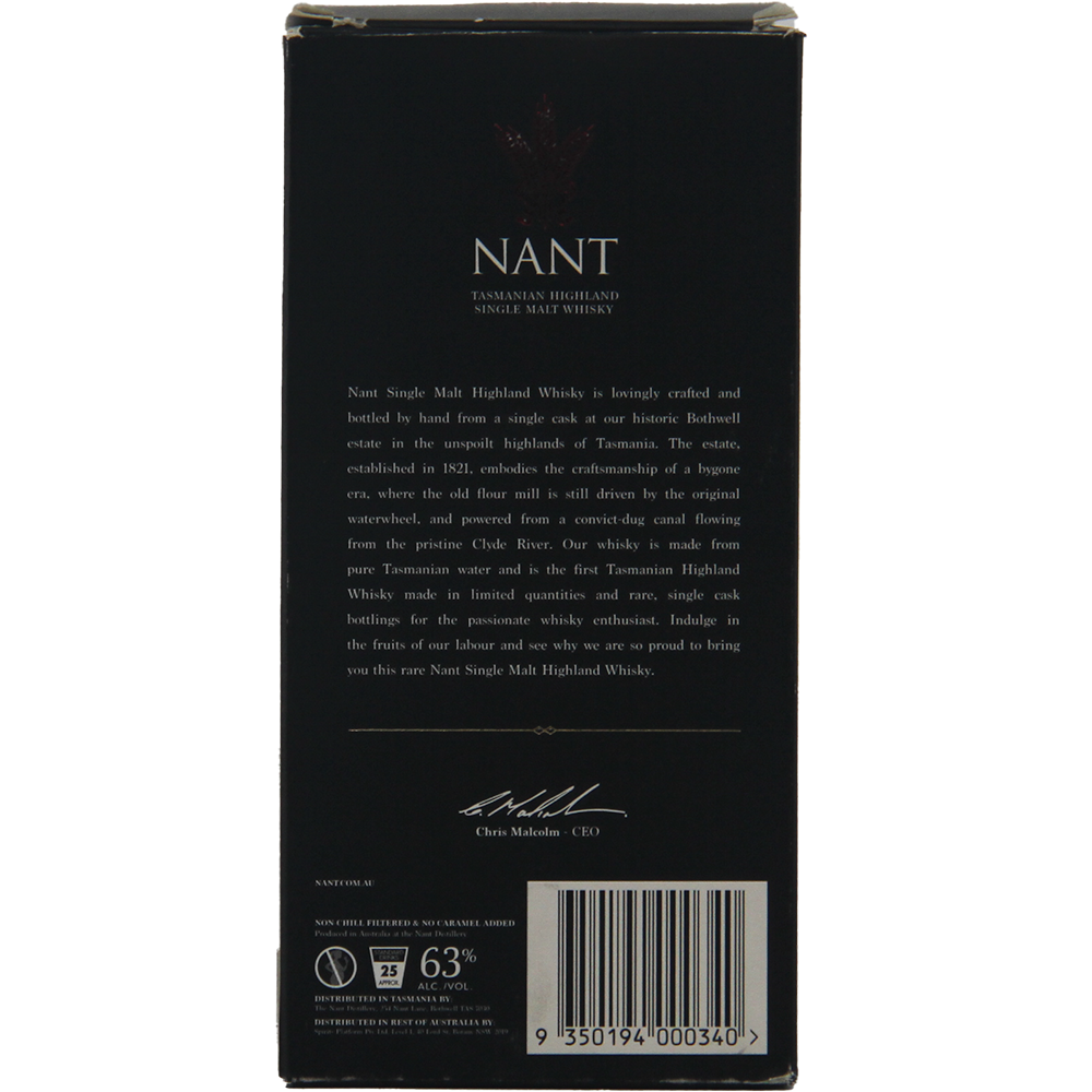 Back of a Nant Bourbon Cask Cask Strength Single Malt Whisky box with a description, brand logo, CEO’s signature, barcode, 63% ABV, 700ml bottle size, and a 25-year age statement.