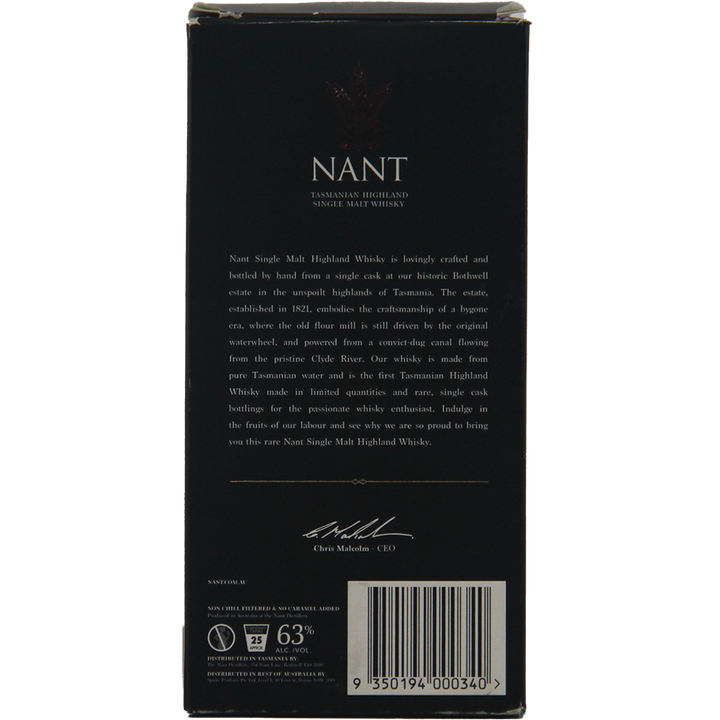 Back of a Nant Bourbon Cask Cask Strength Single Malt Whisky box with a description, brand logo, CEO’s signature, barcode, 63% ABV, 700ml bottle size, and a 25-year age statement.