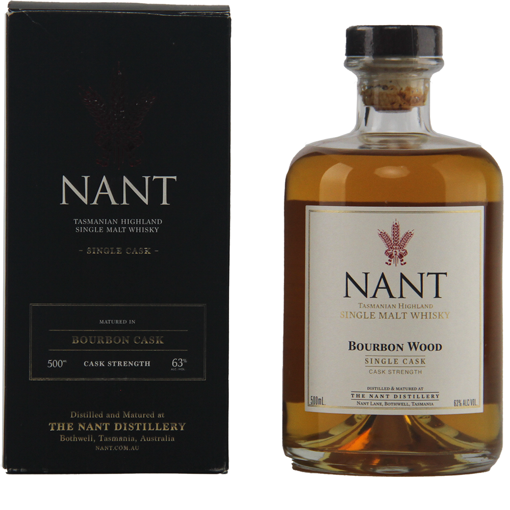 A bottle of Nant Bourbon Cask Cask Strength Single Malt Whisky stands beside its black box, both displaying white labels with red accents that highlight its cask strength and bourbon cask origin.