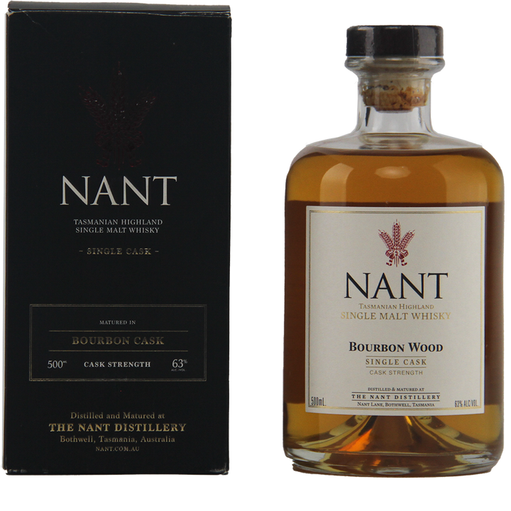A bottle of Nant Bourbon Cask Cask Strength Single Malt Whisky stands beside its black box, both displaying white labels with red accents that highlight its cask strength and bourbon cask origin.