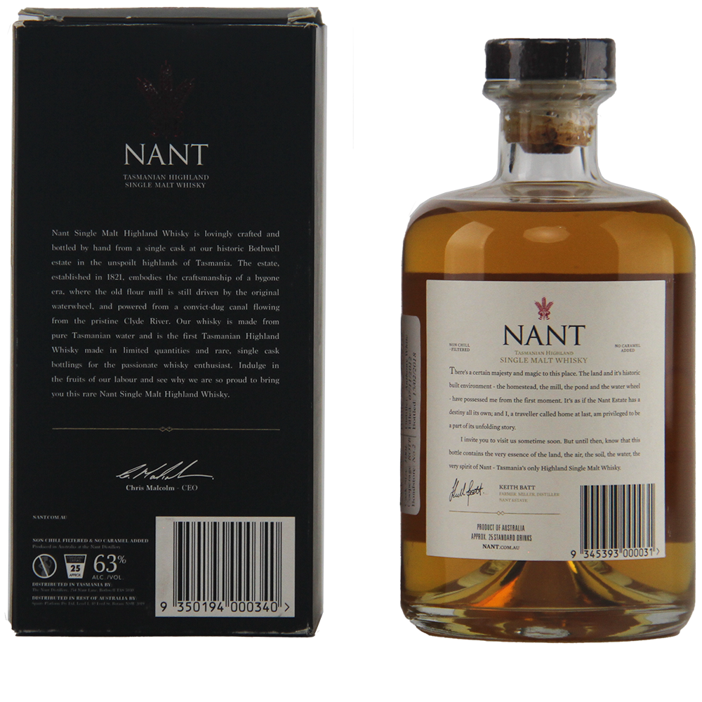 A bottle of Nant Bourbon Cask Cask Strength Single Malt Whisky is displayed beside its black box packaging, both featuring gold accents that emphasize the Tasmanian origin and distinct qualities of this single malt.