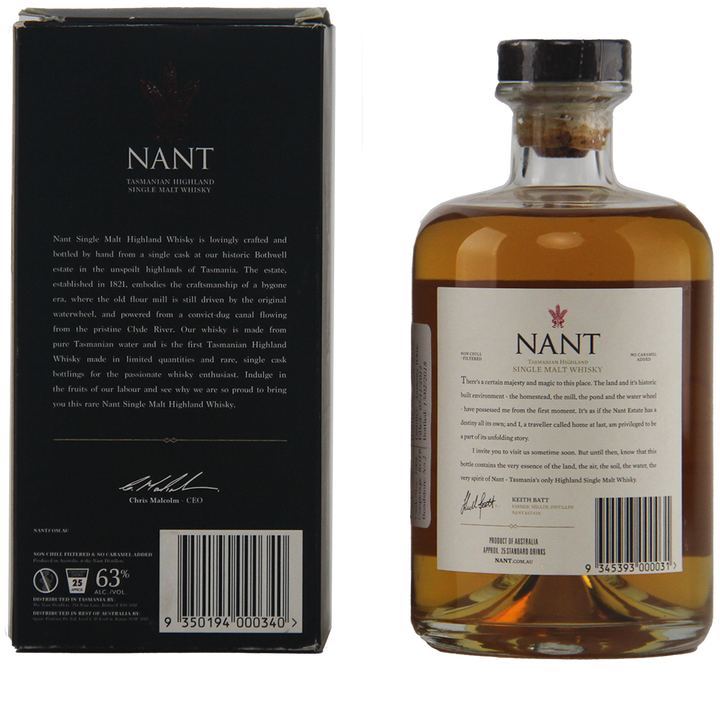 A bottle of Nant Bourbon Cask Cask Strength Single Malt Whisky is displayed beside its black box packaging, both featuring gold accents that emphasize the Tasmanian origin and distinct qualities of this single malt.