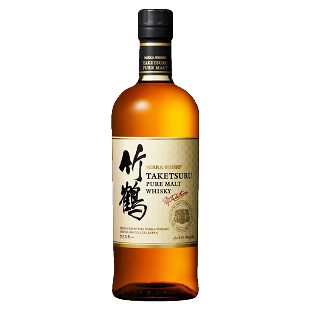 A bottle of Nikka Taketsuru Pure Malt Japanese Whisky with a black cap, amber liquid, and a cream label displaying black Japanese characters and red English text on a plain white background.