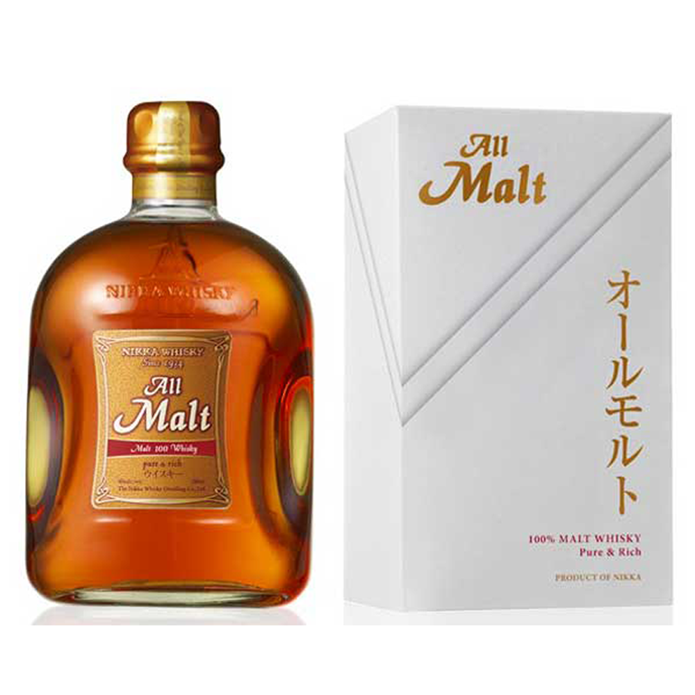 A bottle of Nikka All Malt Blended Japanese Whisky with amber liquid and a gold label is displayed beside its white and gold rectangular box, which features both Japanese and English text.