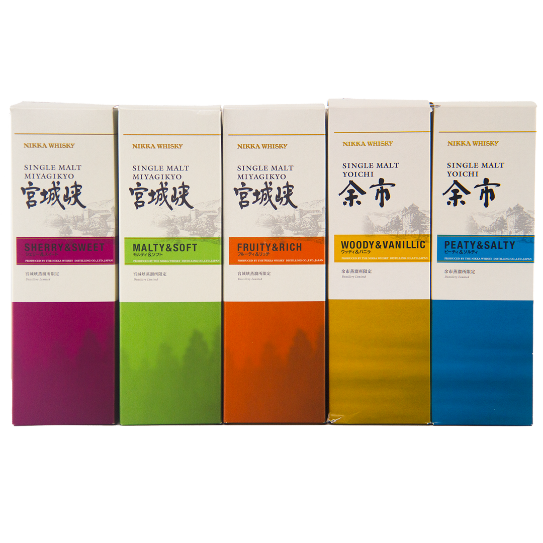 Explore the Nikka Whisky Limited 5 Bottle Collection: limited edition Japanese single malts with distinct pink (Sherry & Sweet), green, orange, yellow, and blue labels—each offering unique flavors and craftsmanship.